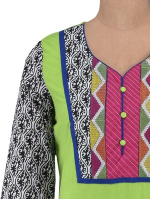 printed quarter sleeves green cotton kurta - 1094182 - Standard Image - 4