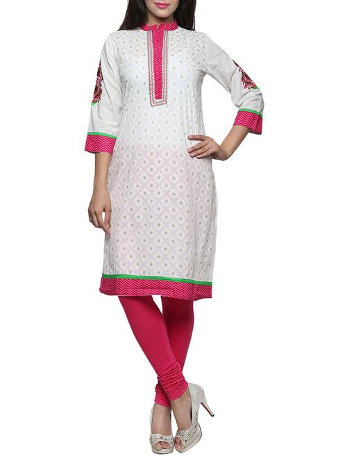 pink embroidered white cotton kurta - 1094192 - Standard Image - 1