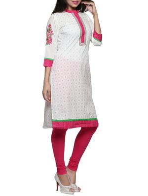 pink embroidered white cotton kurta - 1094192 - Standard Image - 2