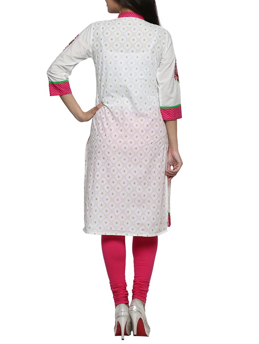 pink embroidered white cotton kurta - 1094192 - Zoom Image - 3