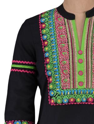 mandarin collar embroidered bib cotton kurta - 1094196 - Standard Image - 4