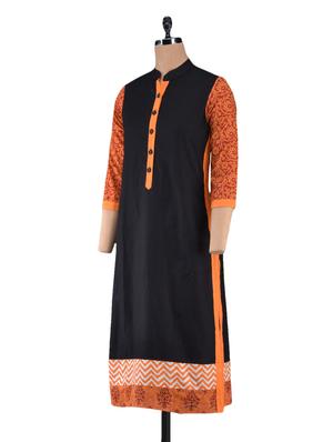 mandarin collar printed sleeves cotton kurta - 1094217 - Standard Image - 2