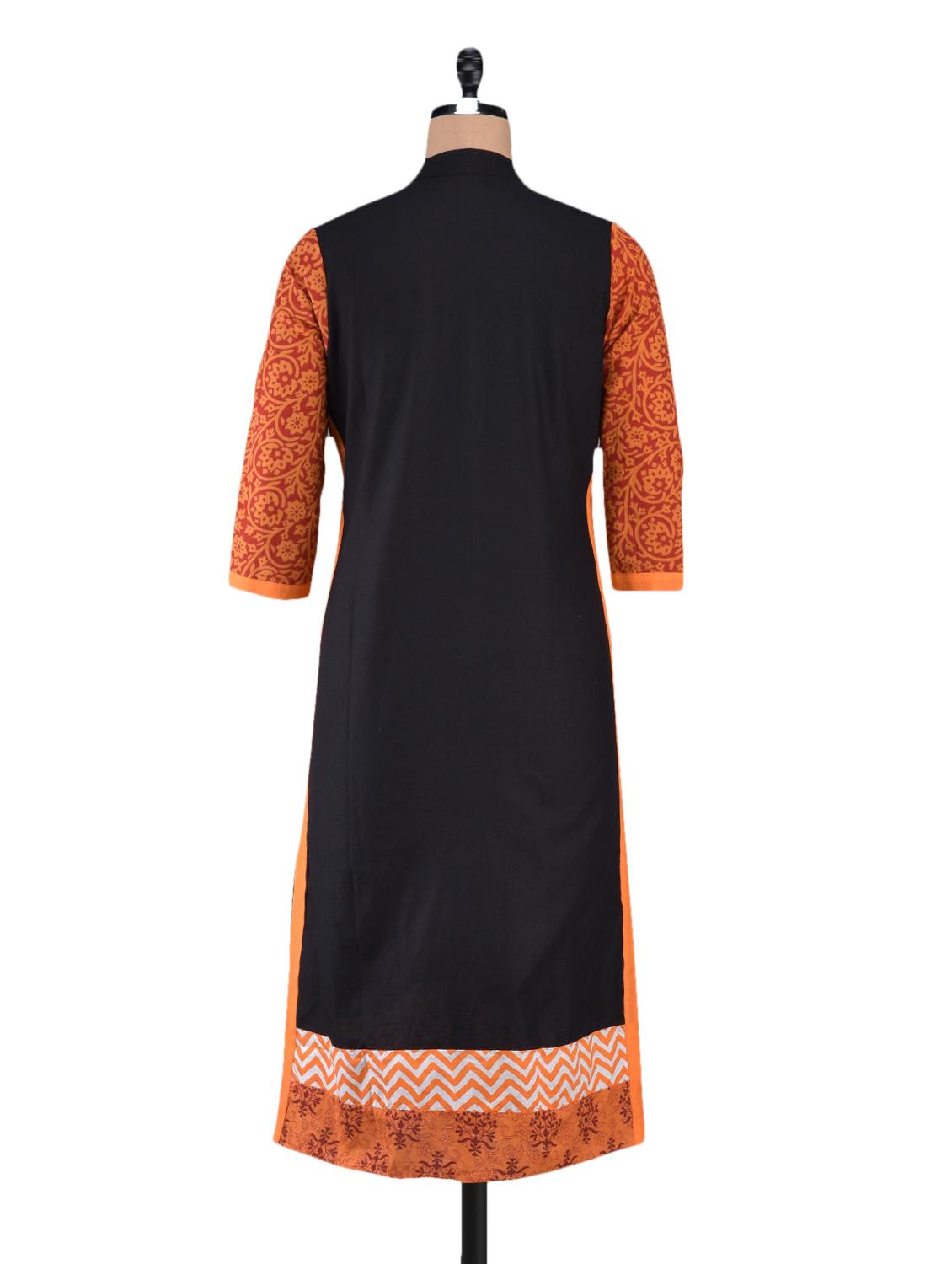 mandarin collar printed sleeves cotton kurta - 1094217 - Zoom Image - 3