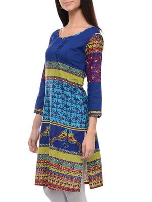 blue cotton straight kurta - 10964239 - Standard Image - 2