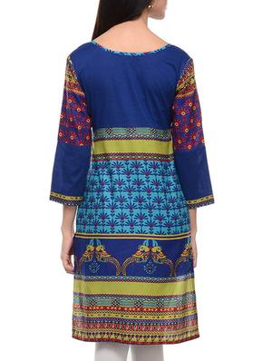 blue cotton straight kurta - 10964239 - Standard Image - 3