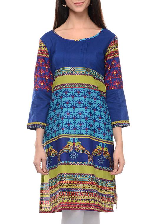 blue cotton straight kurta - 10964239 - Zoom Image - 1