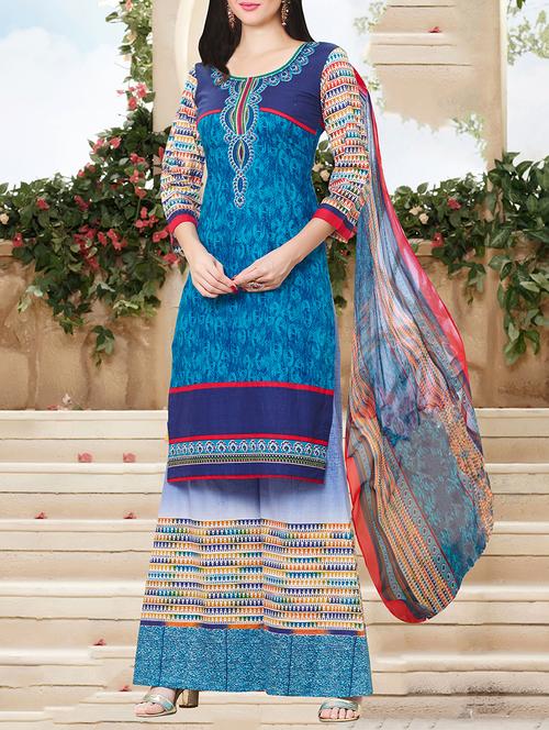 blue printed unstitched suit set - 10964484 - Standard Image - 1