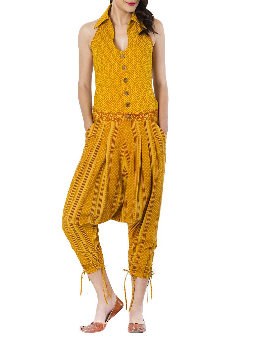 yellow printed cotton jumpsuit