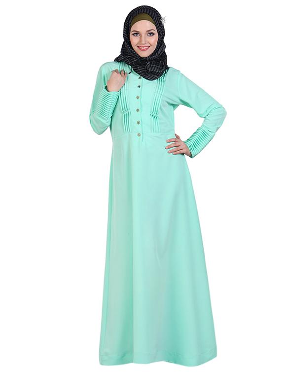 pleated light aquamarine full sleeved abaya - 11032229 - Zoom Image - 1
