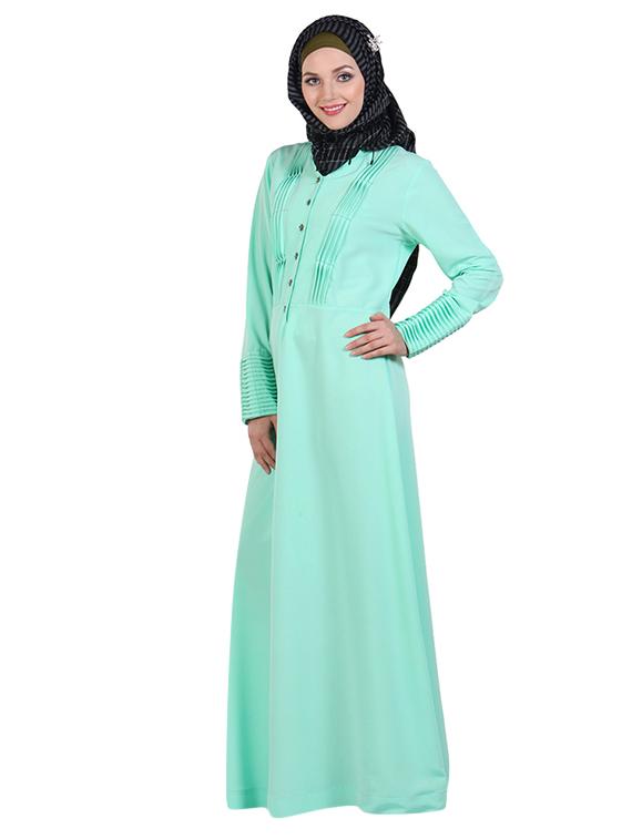 pleated light aquamarine full sleeved abaya - 11032229 - Zoom Image - 2