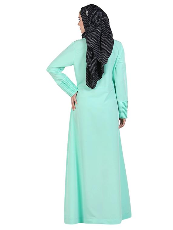 pleated light aquamarine full sleeved abaya - 11032229 - Zoom Image - 3