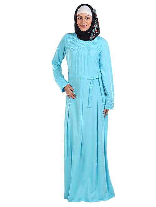 solid cyan abaya with waist belt - 11032262 - Standard Image - 1