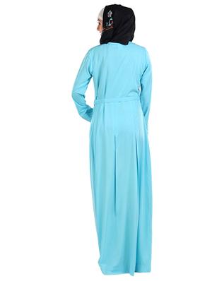 solid cyan abaya with waist belt - 11032262 - Standard Image - 3