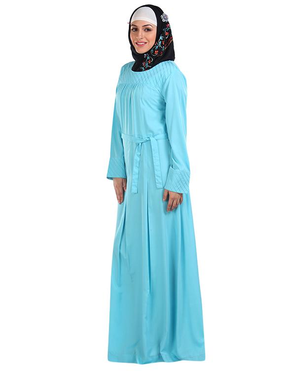 solid cyan abaya with waist belt - 11032262 - Zoom Image - 2