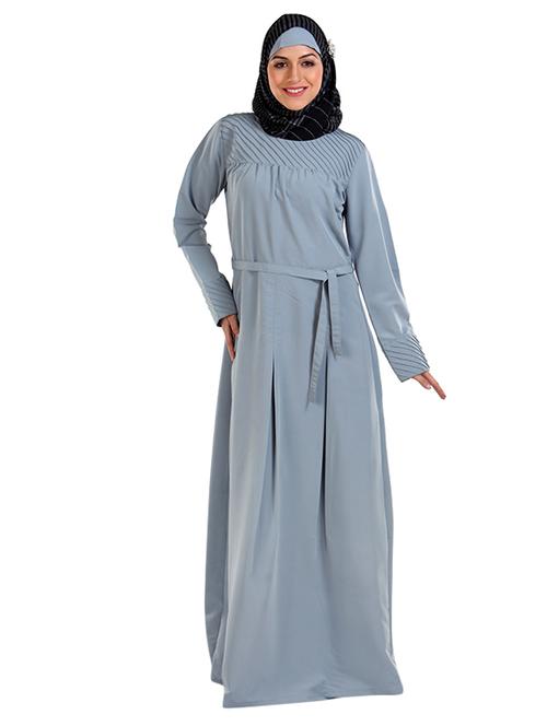 solid steel grey abaya with waist belt - 11032264 - Standard Image - 1