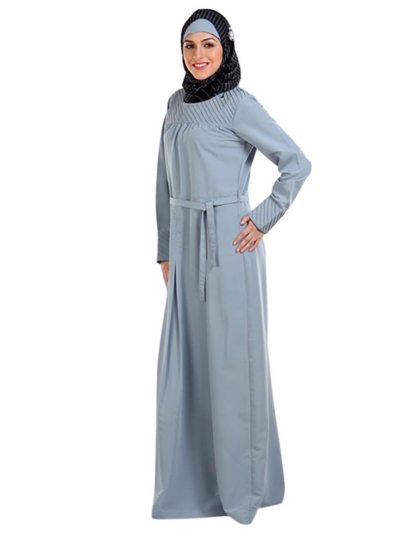 solid steel grey abaya with waist belt - 11032264 - Zoom Image - 2