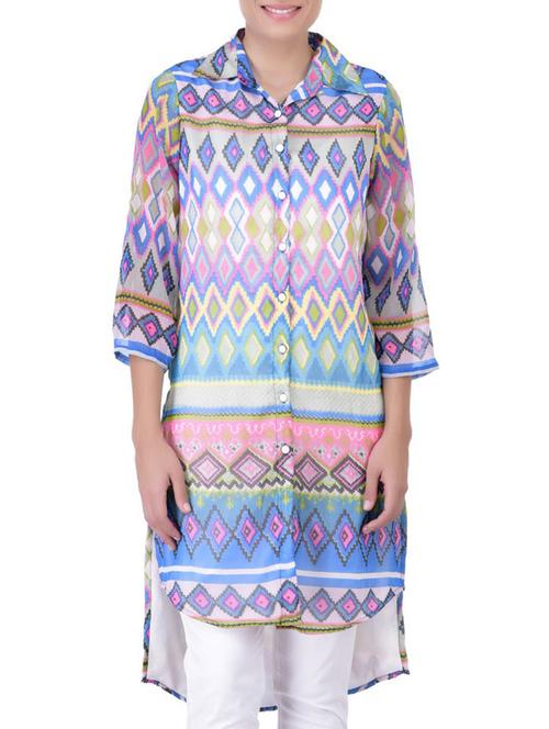 blue printed chiffon high low tunic - 11062943 - Standard Image - 1