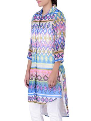 blue printed chiffon high low tunic - 11062943 - Standard Image - 2