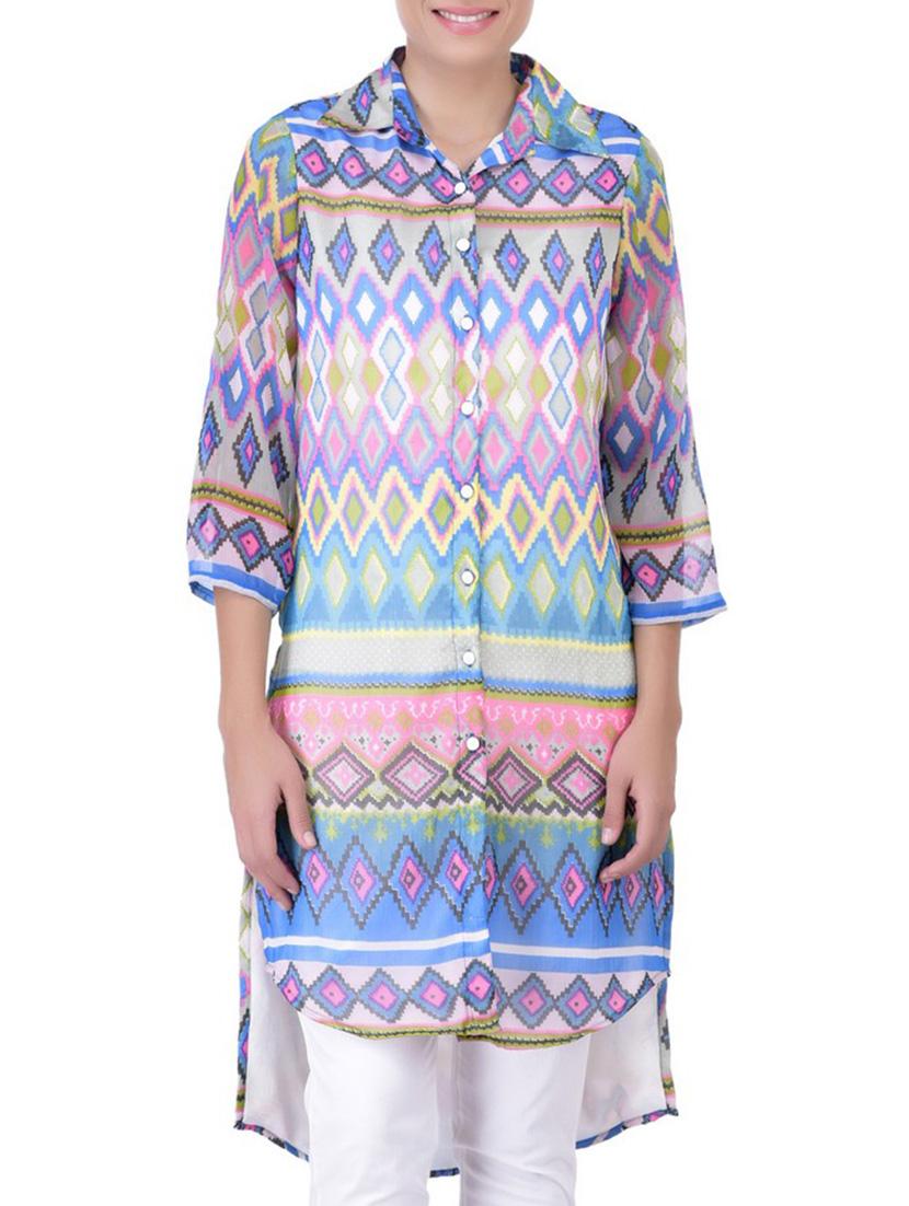blue printed chiffon high low tunic - 11062943 - Zoom Image - 1