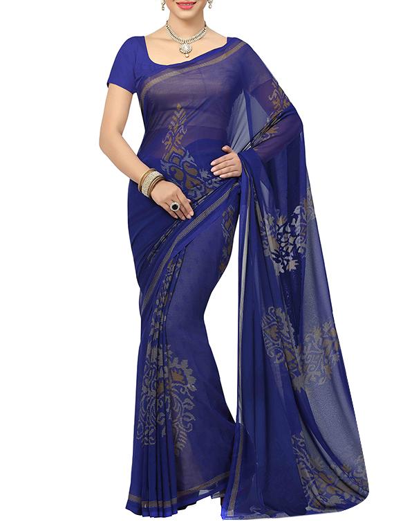 royal blue faux georgette printed saree with blouse - 11081455 - Zoom Image - 1