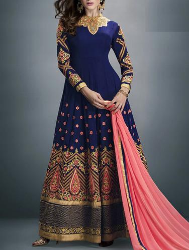 blue poly georgette unstitched suit - 11090998 - Very Small Image - 1