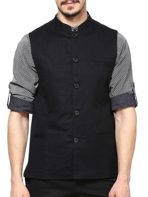 solid black linen nehru jacket - 11105334 - Very Small Image - 1