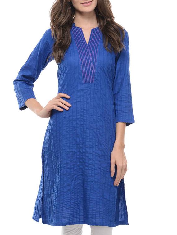 blue cotton straight solid kurta - 11123353 - Zoom Image - 1