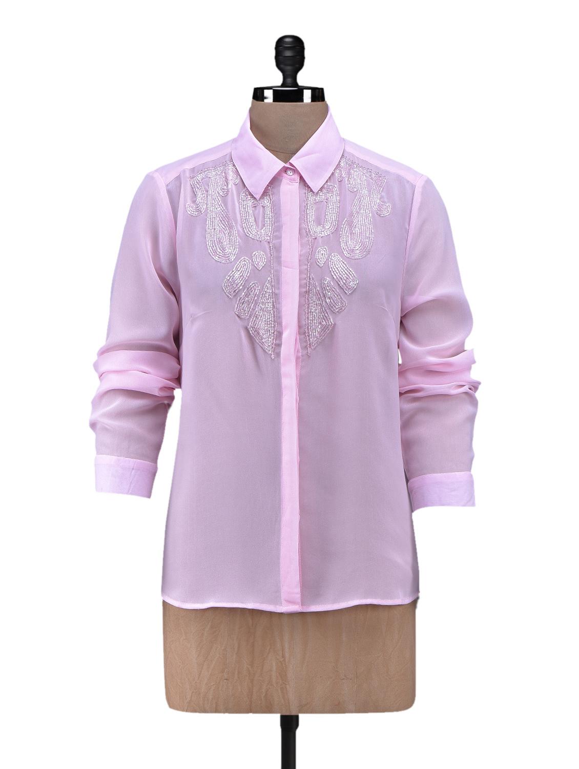 Pink Concealed Placket Embellished Top - 1113224 - Zoom Image - 1