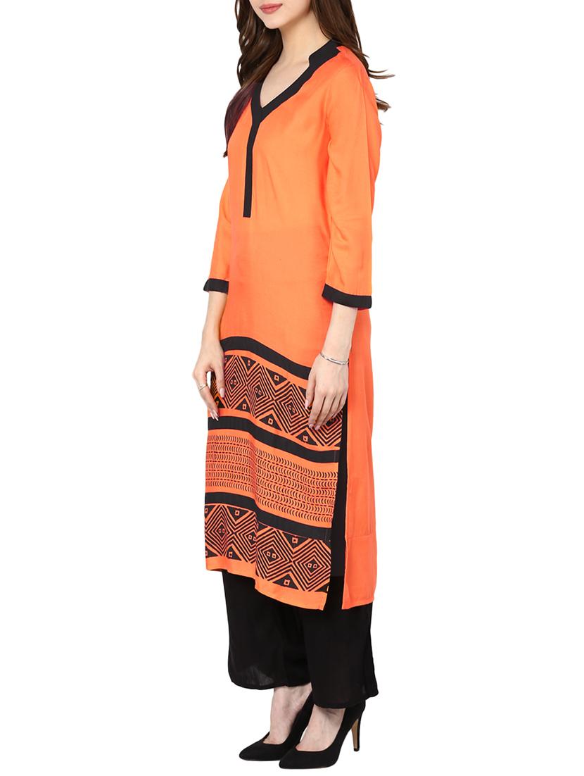 orange and black printed rayon kurta - 11137612 - Zoom Image - 2