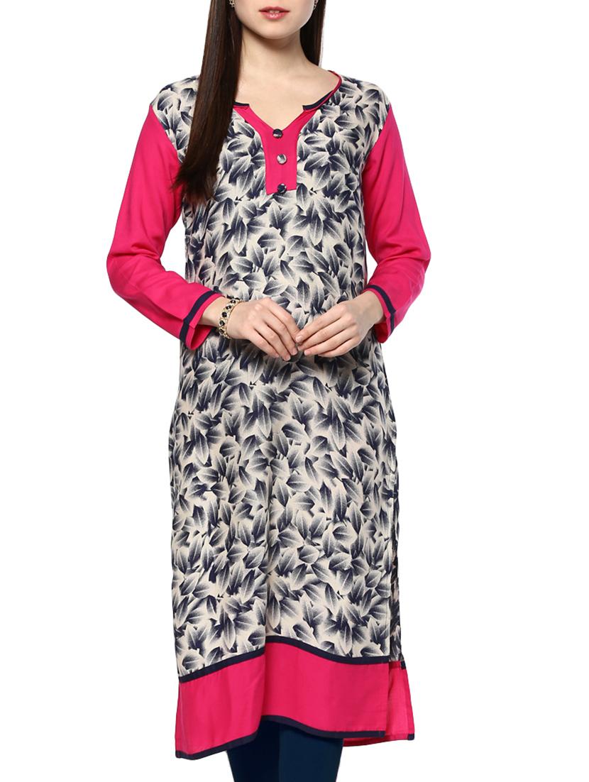 grey and white printed rayon kurta - 11137621 - Zoom Image - 1