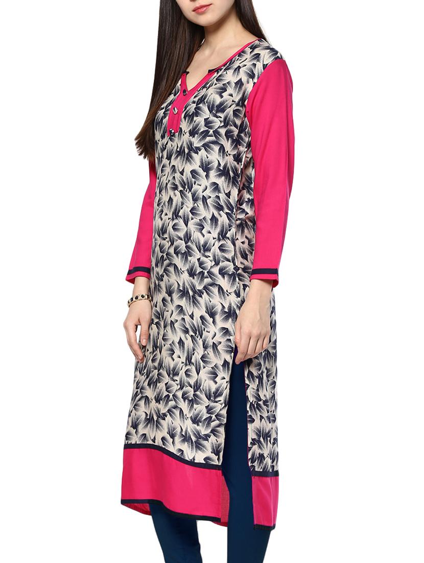 grey and white printed rayon kurta - 11137621 - Zoom Image - 2