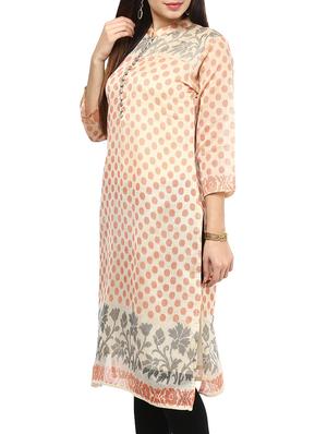 beige printed cotton blend kurta - 11137625 - Standard Image - 2