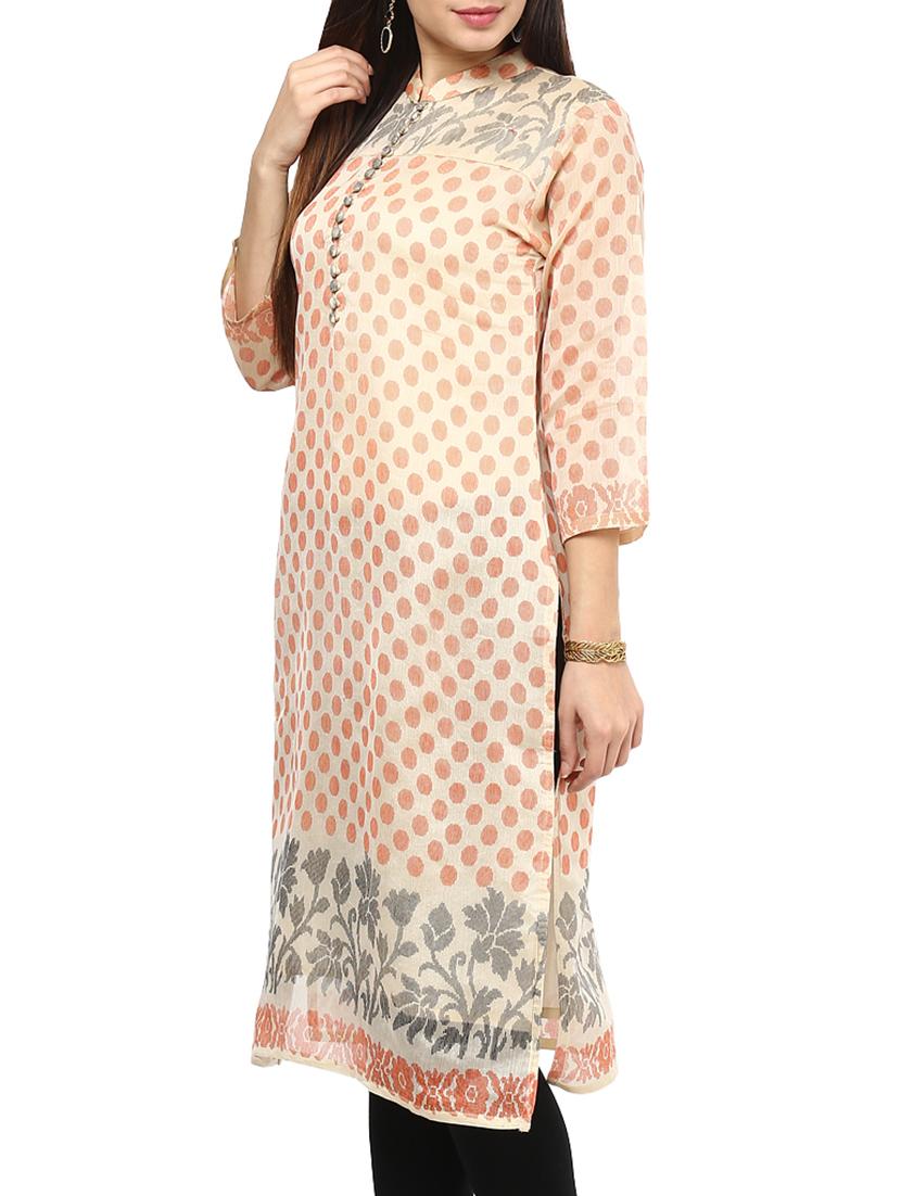 beige printed cotton blend kurta - 11137625 - Zoom Image - 2