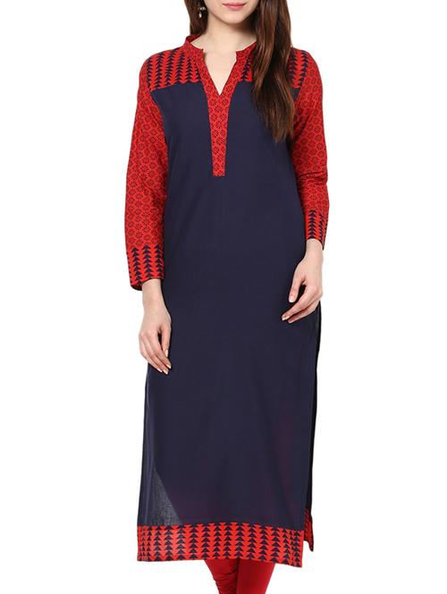 navy blue and red printed cotton kurta - 11137630 - Standard Image - 1