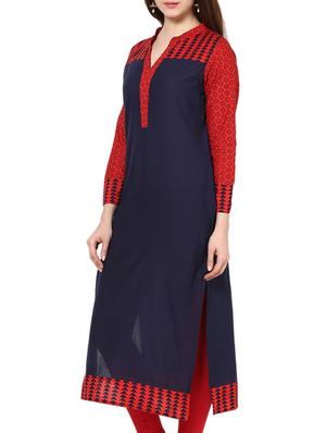 navy blue and red printed cotton kurta - 11137630 - Standard Image - 2
