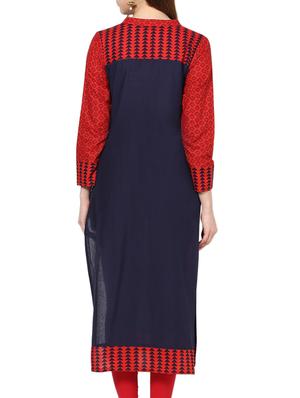 navy blue and red printed cotton kurta - 11137630 - Standard Image - 3