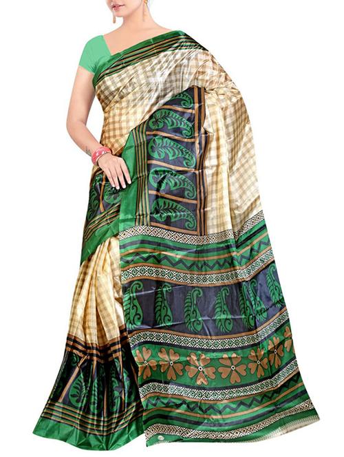 green cotton printed saree - 11144317 - Standard Image - 1