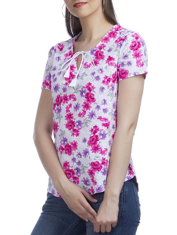 tie neck floral schiffli top - 11167155 - Zoom Image - 2