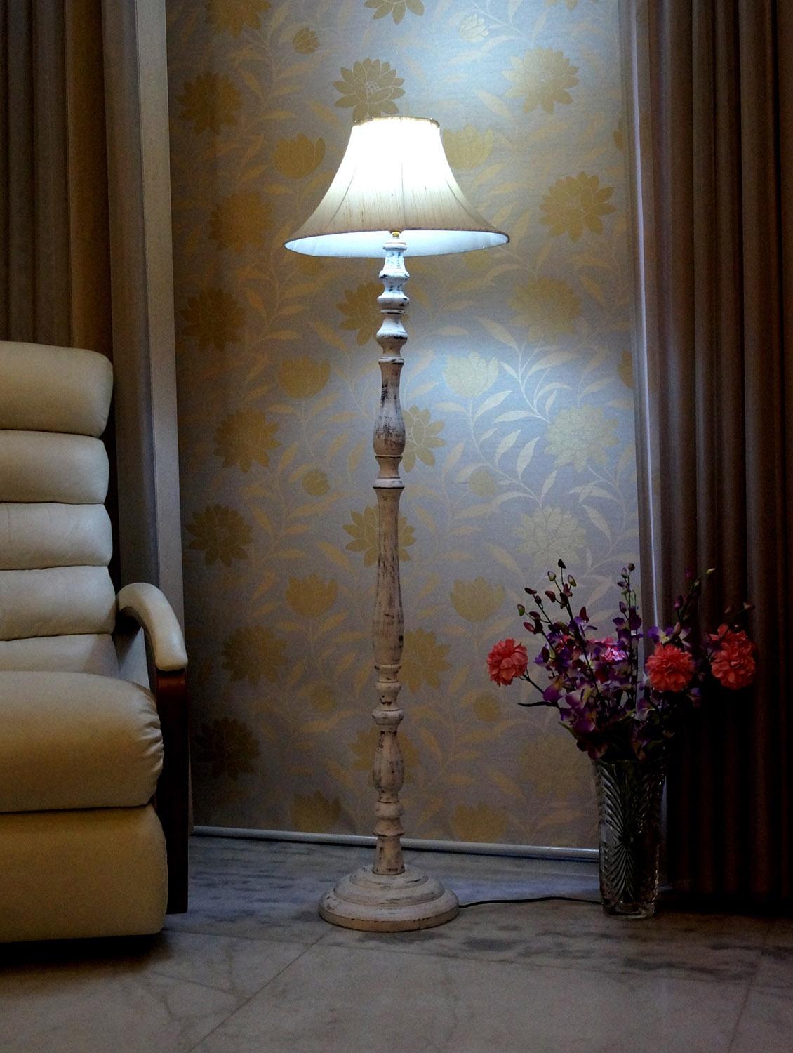 vintage white mango wood floor lamp with shade - 11190576 - Zoom Image - 1