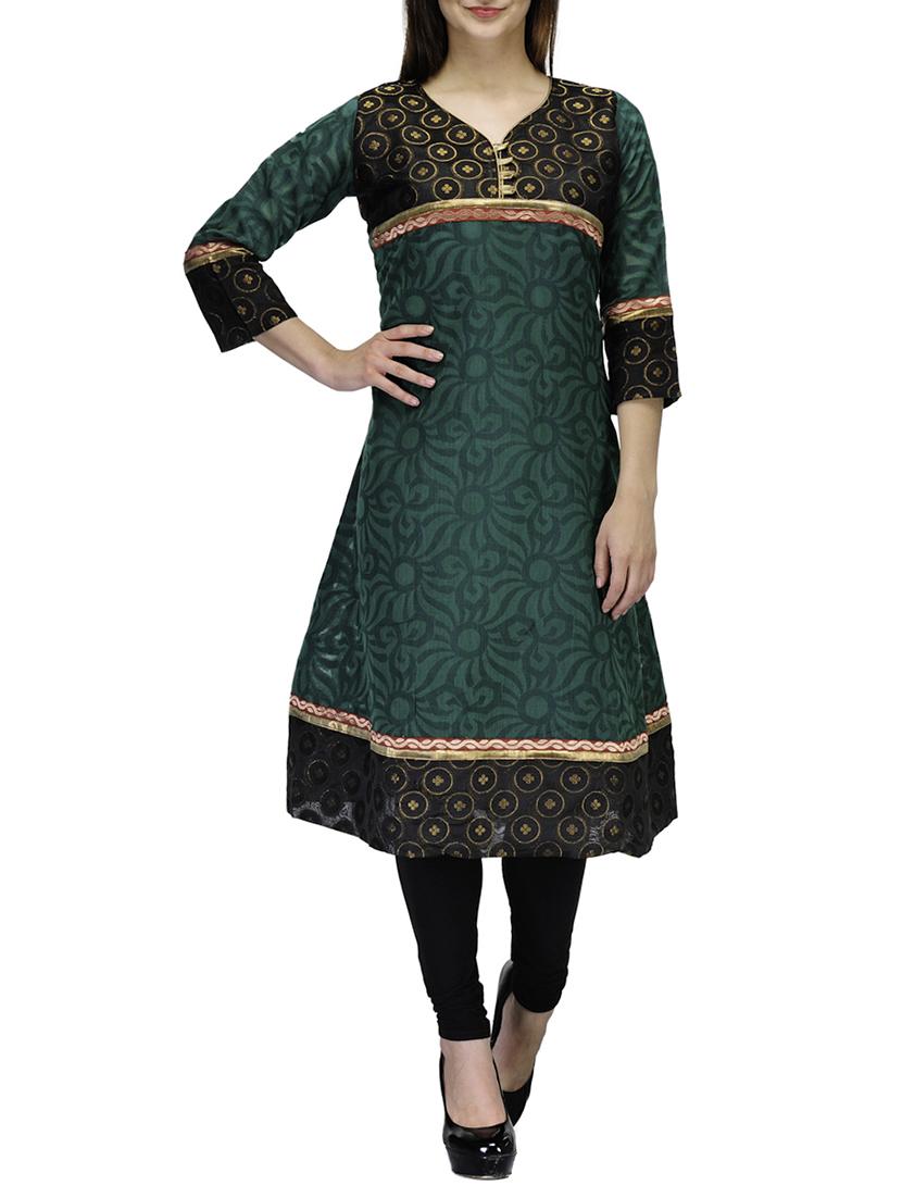 green chanderi cotton a-line kurta - 11246084 - Zoom Image - 1