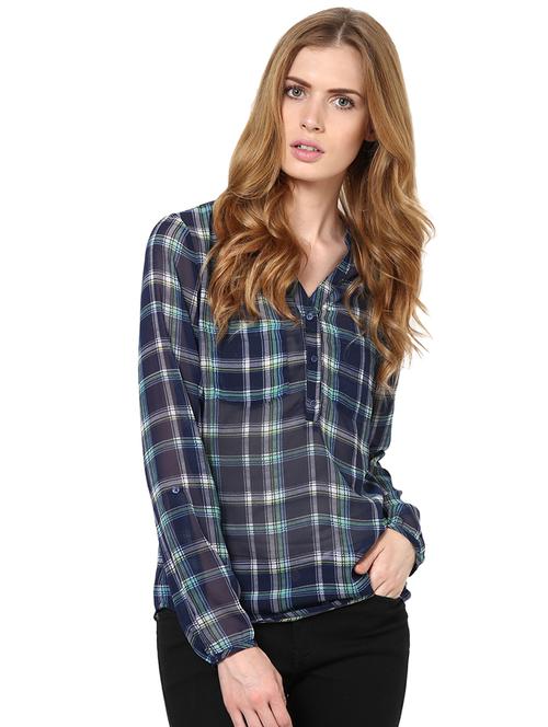 checks printed mandarin collar polygeorgette top - 1125095 - Standard Image - 1