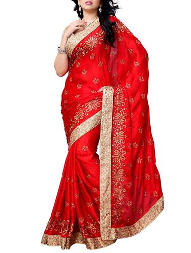 red satin embroidered saree with blouse - 11287036 - Very Small Image - 1