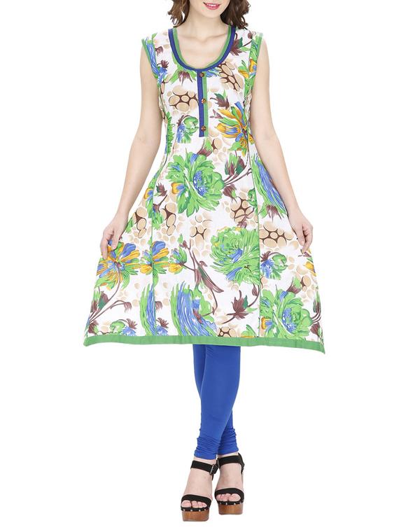 white cotton printed a-line kurta - 11298673 - Zoom Image - 1