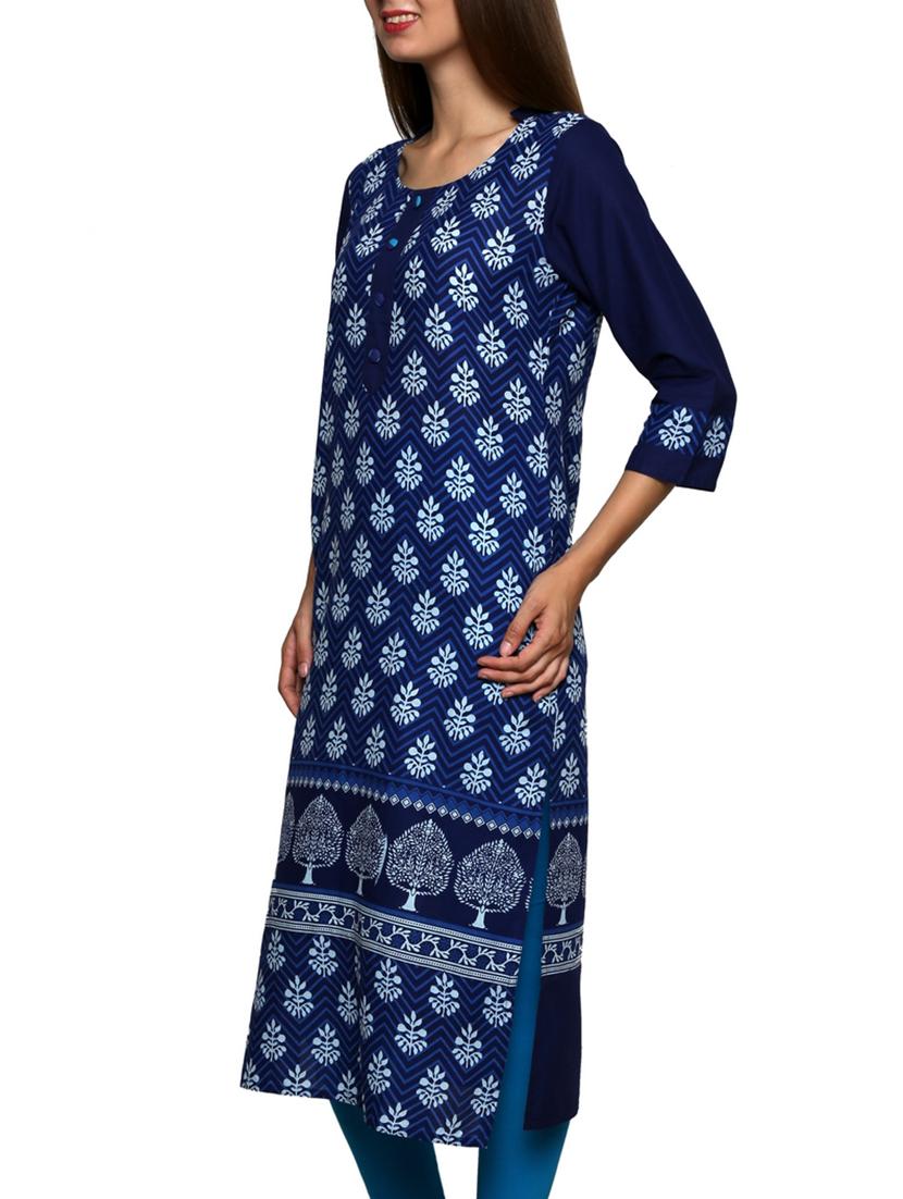 indigo cotton block printed kurta - 11301921 - Zoom Image - 2
