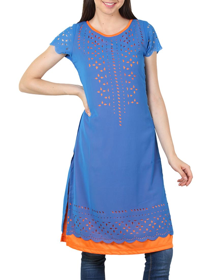 blue georgette straight kurta - 11304011 - Zoom Image - 1