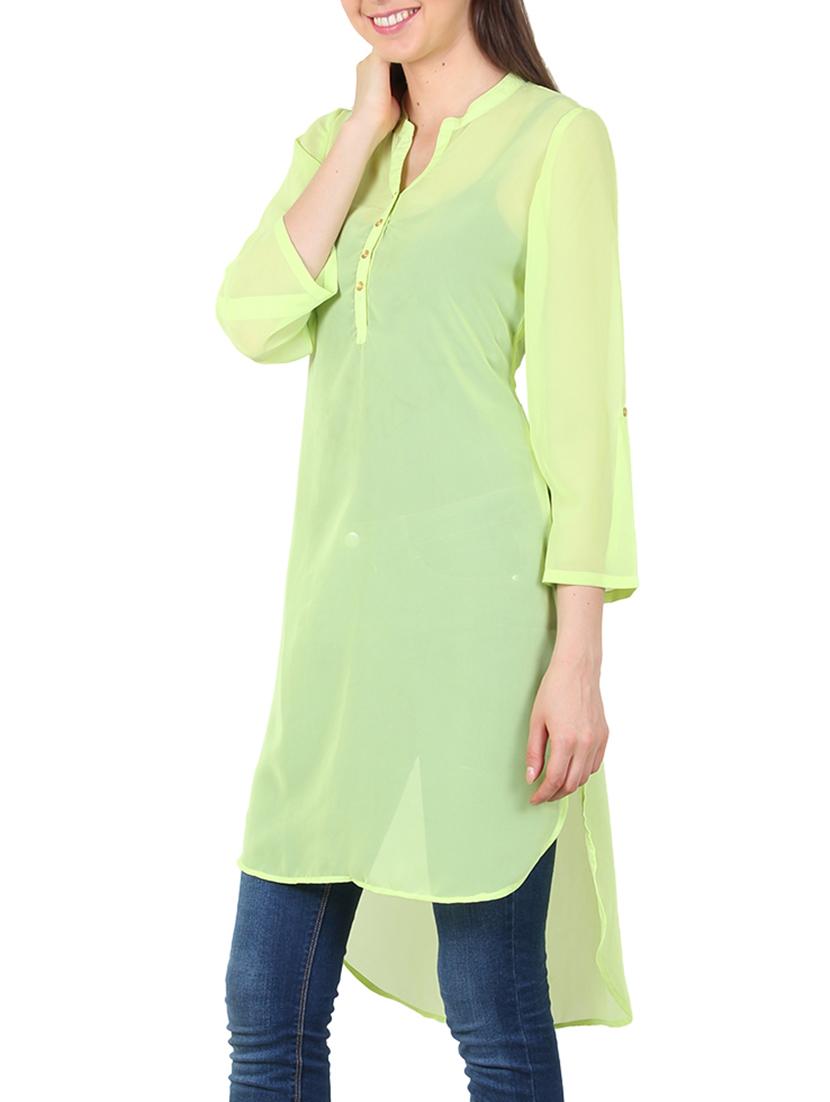 green georgette highlow kurta - 11304028 - Zoom Image - 2