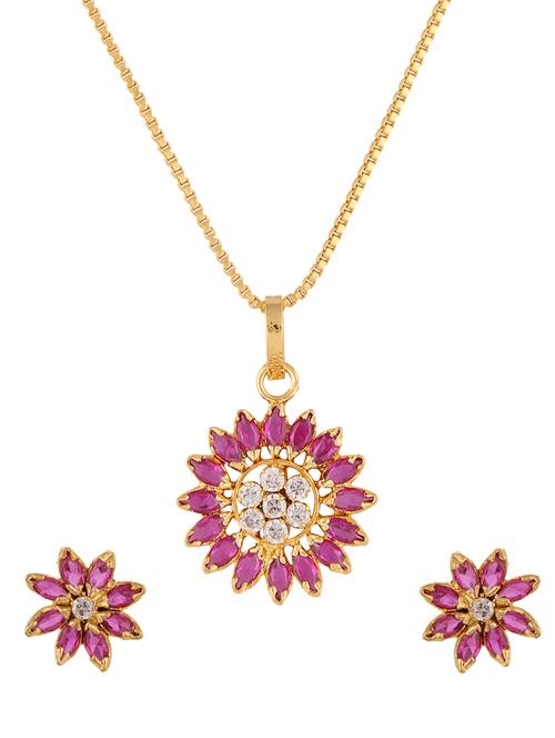pink colored gold plated pendant and earrings - 11367035 - Standard Image - 1