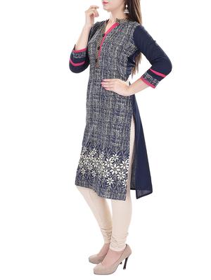 navy blue printed cotton kurta - 11385179 - Standard Image - 2