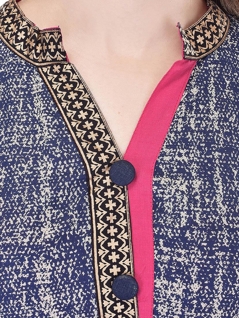 navy blue printed cotton kurta - 11385179 - Zoom Image - 4