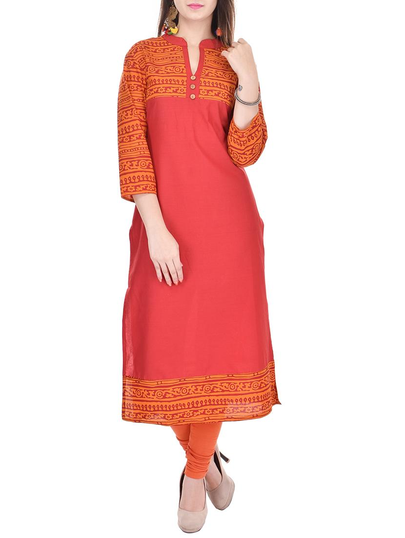 red printed cotton kurta - 11414151 - Zoom Image - 1
